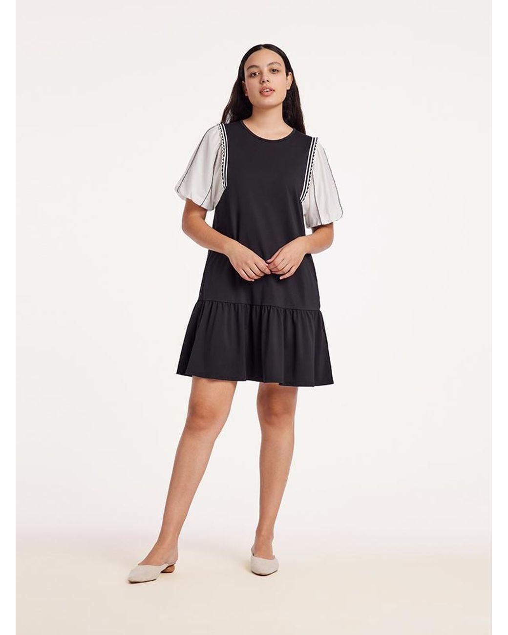 GOELIA Blue A-Shape Patchwork Puff Sleeve Mini Dress