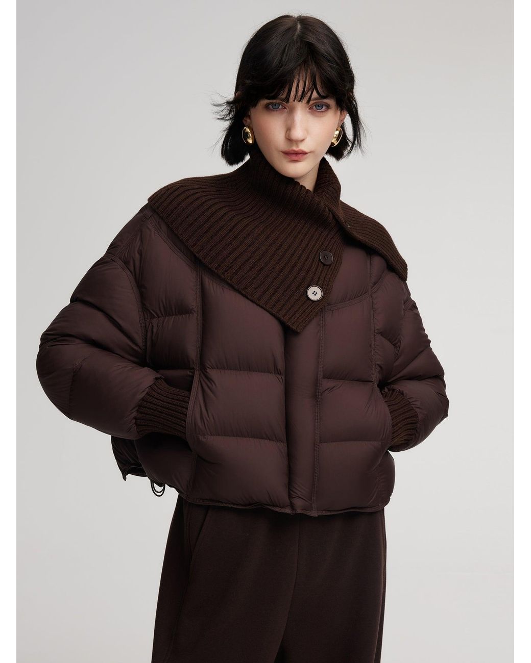 GOELIA Brown Cocoon Knitted Convertible Collar Goose Down Jacket