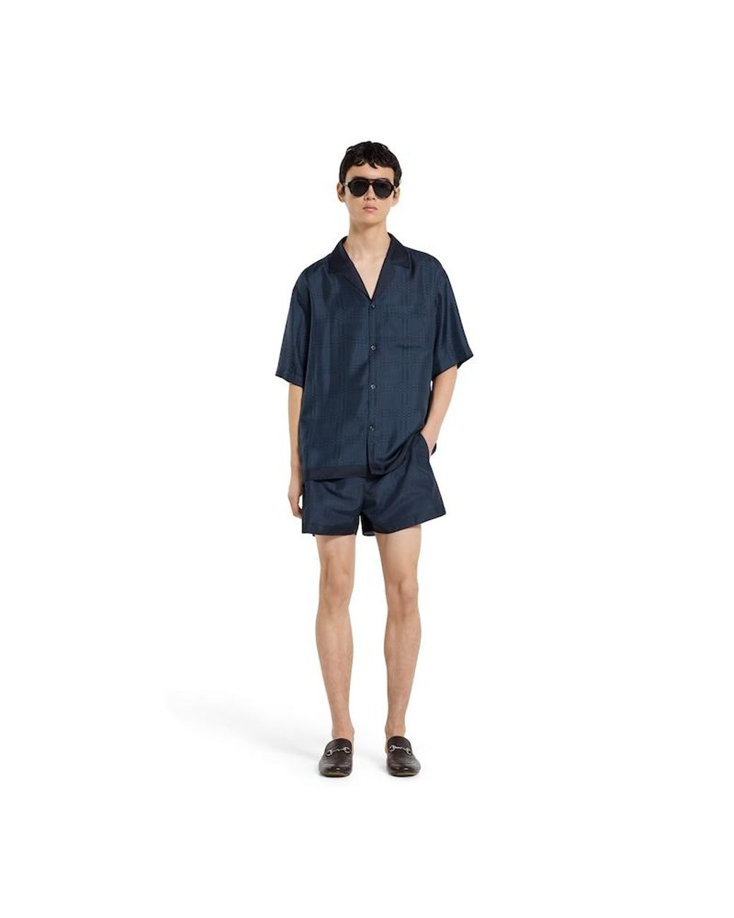 Gucci Blue Printed Silk Twill Bowling Shirt for men
