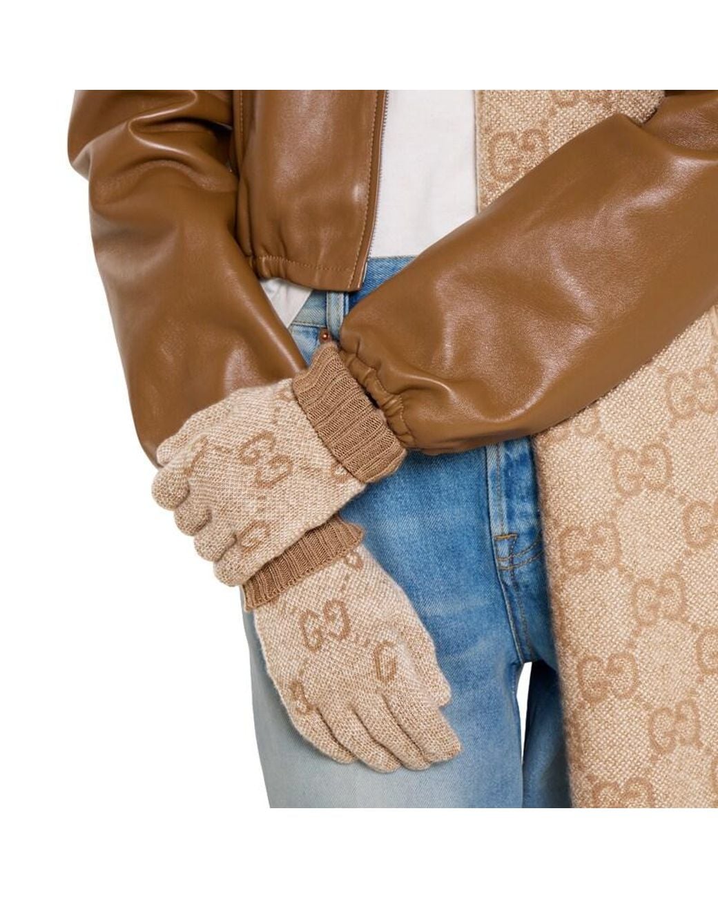 Gucci Natural Gg Cashmere Lamé Gloves