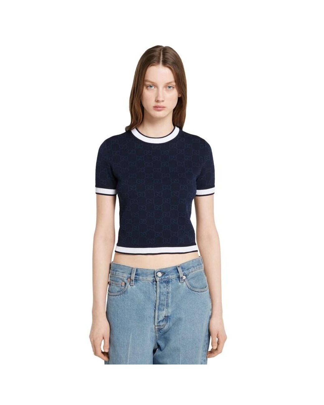Gucci Blue Gg Fine Cotton Jacquard Top