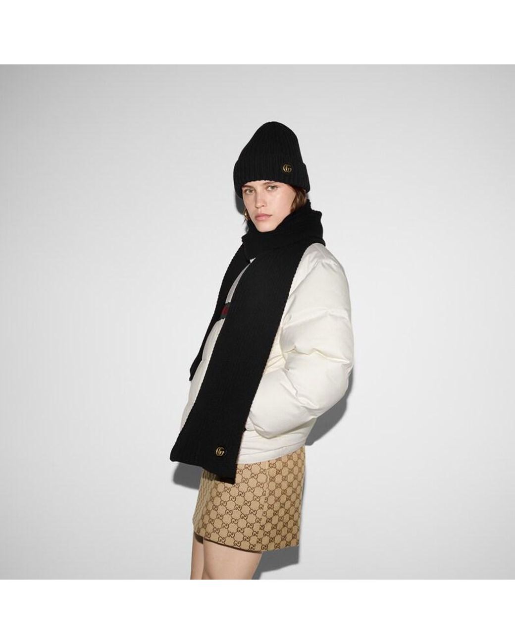 Gucci Black Rib Knit Wool Cashmere Scarf