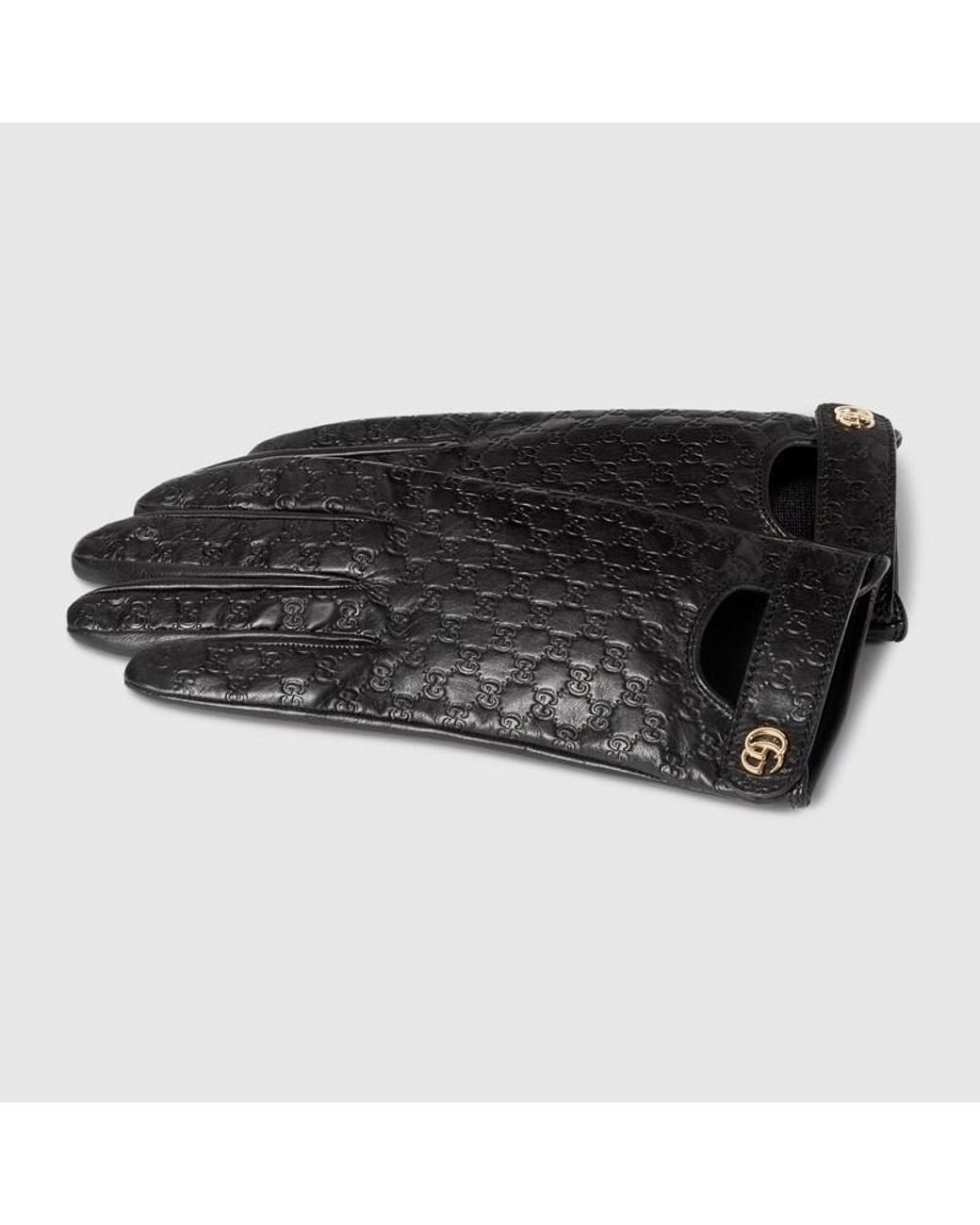 Gucci Black Gg Leather Gloves With Double G