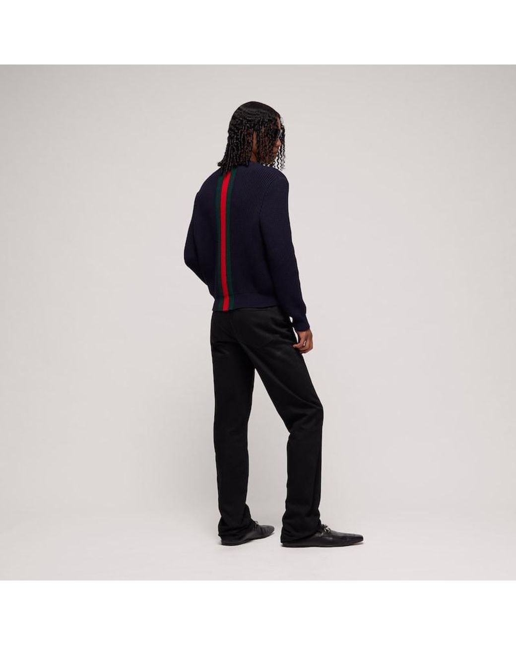 Gucci Blue Fine Rib Wool Sweater With Web for men