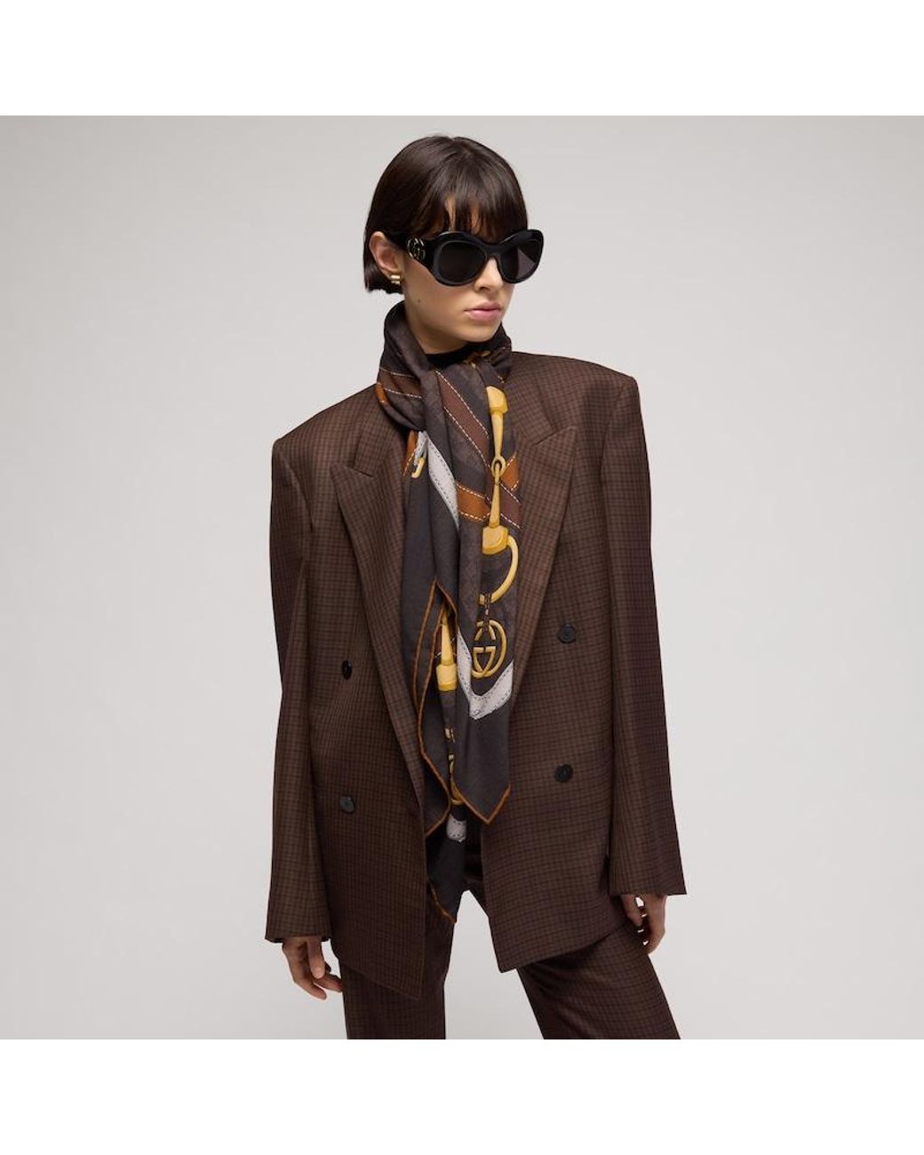 Gucci Brown Printed Gg Silk Twill Jacquard Shawl
