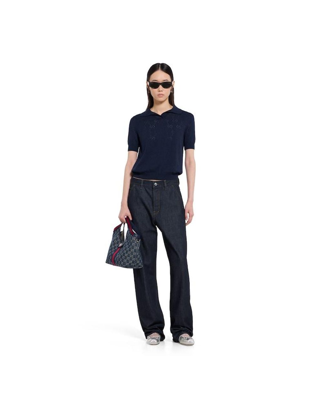 Gucci Blue Gg Pointelle Cotton Silk Polo Shirt