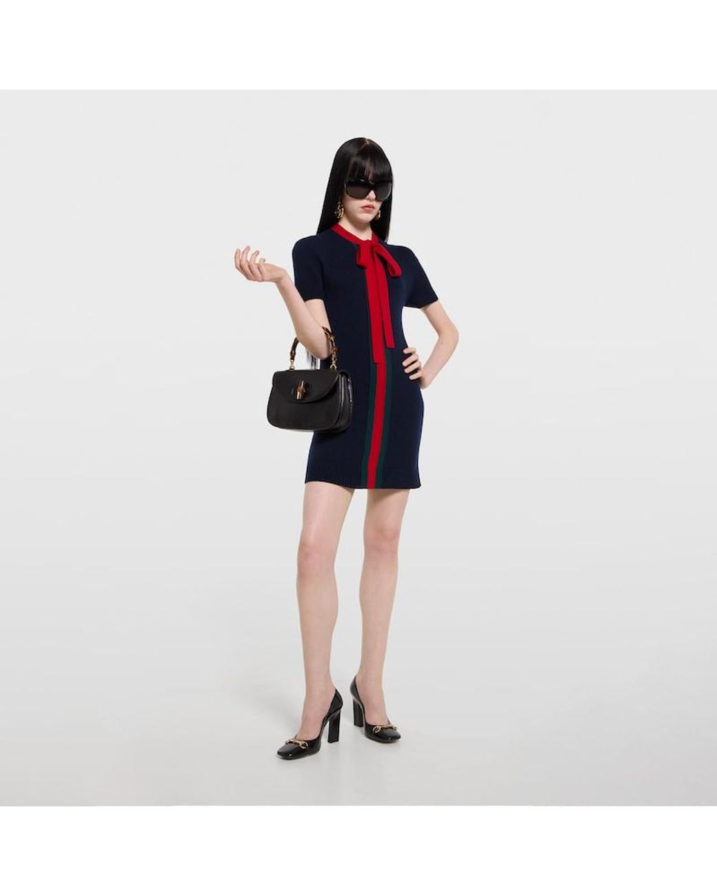 Gucci Black Knit Wool Cashmere Dress With Web