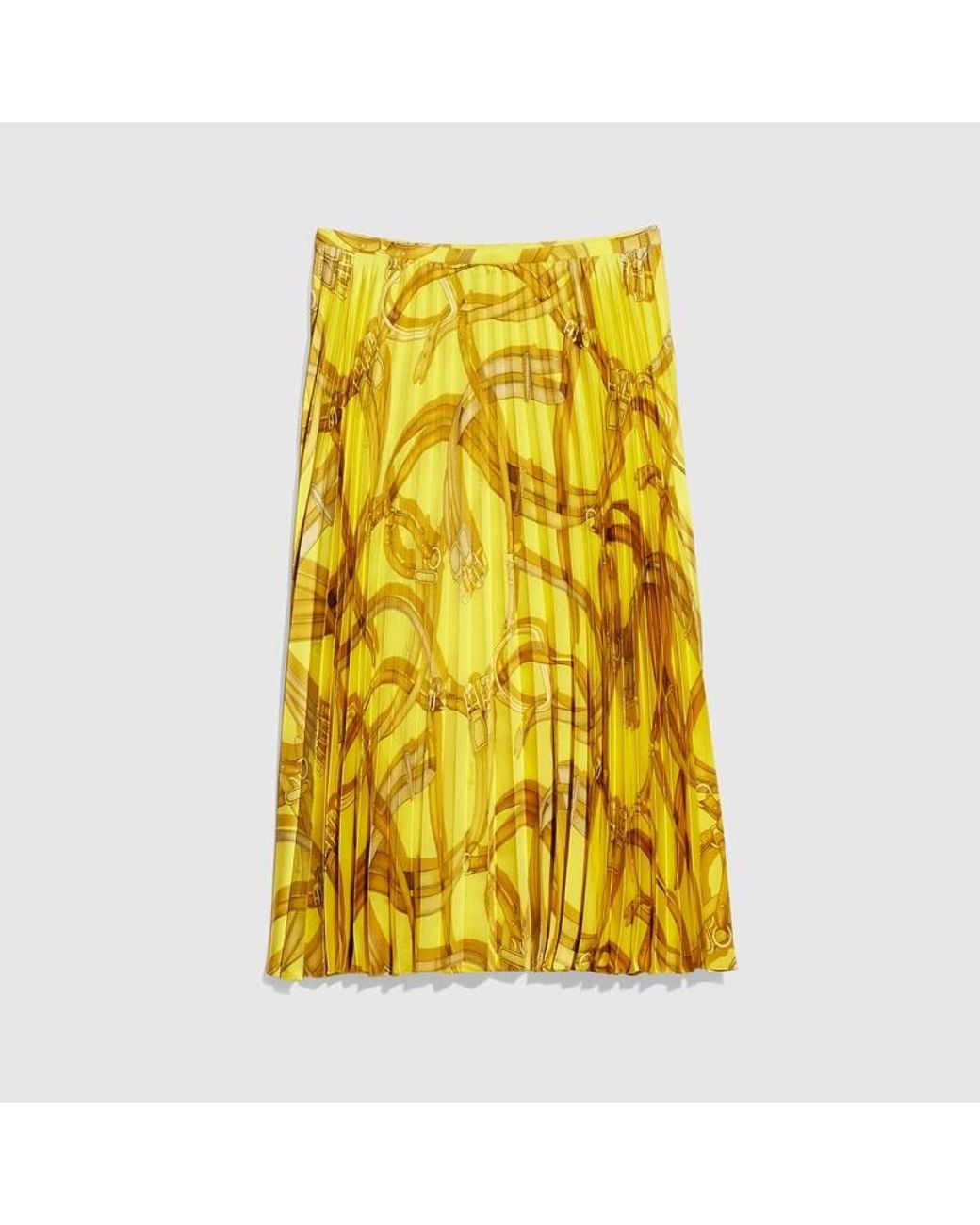 Gucci Yellow Printed Silk Twill Pleated Skirt