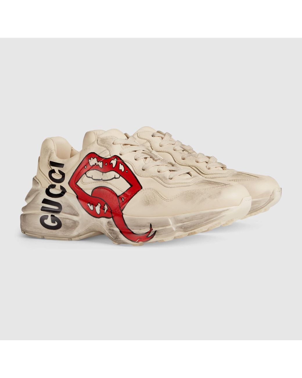 Vertrouwen op dans uitstulping Gucci Rhyton Leather Sneakers With Maxi Mouth Print in White | Lyst
