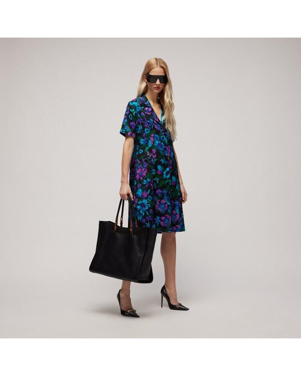 Gucci Blue Printed Silk Jacquard Chemisier Dress