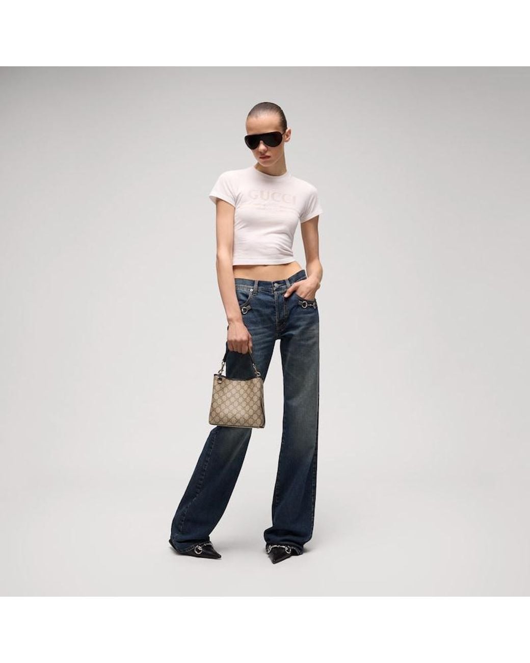 Gucci Brown Gg Emblem Small Bucket Bag, Gg Canvas