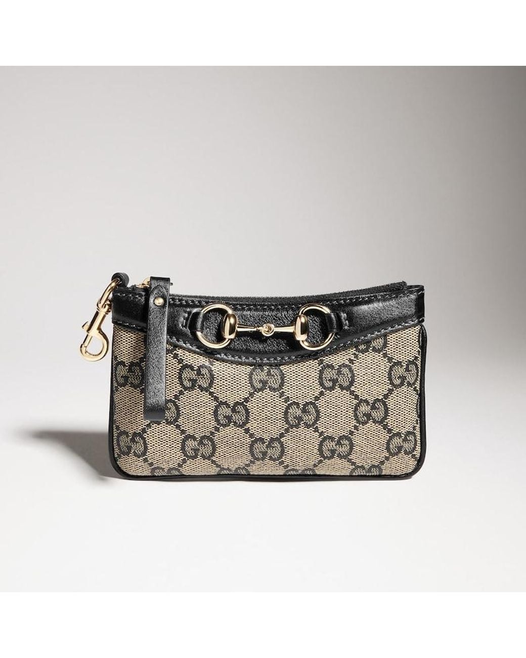 Gucci Black Zip Card Case With Horsebit And Strap, Original Gg Fabric
