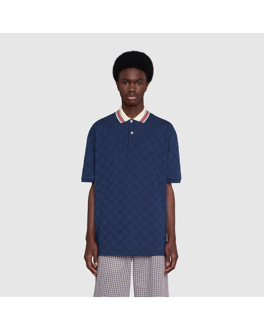 Gucci Navy Blue and White Monogram Jacquard Knit Polo T-Shirt L Gucci