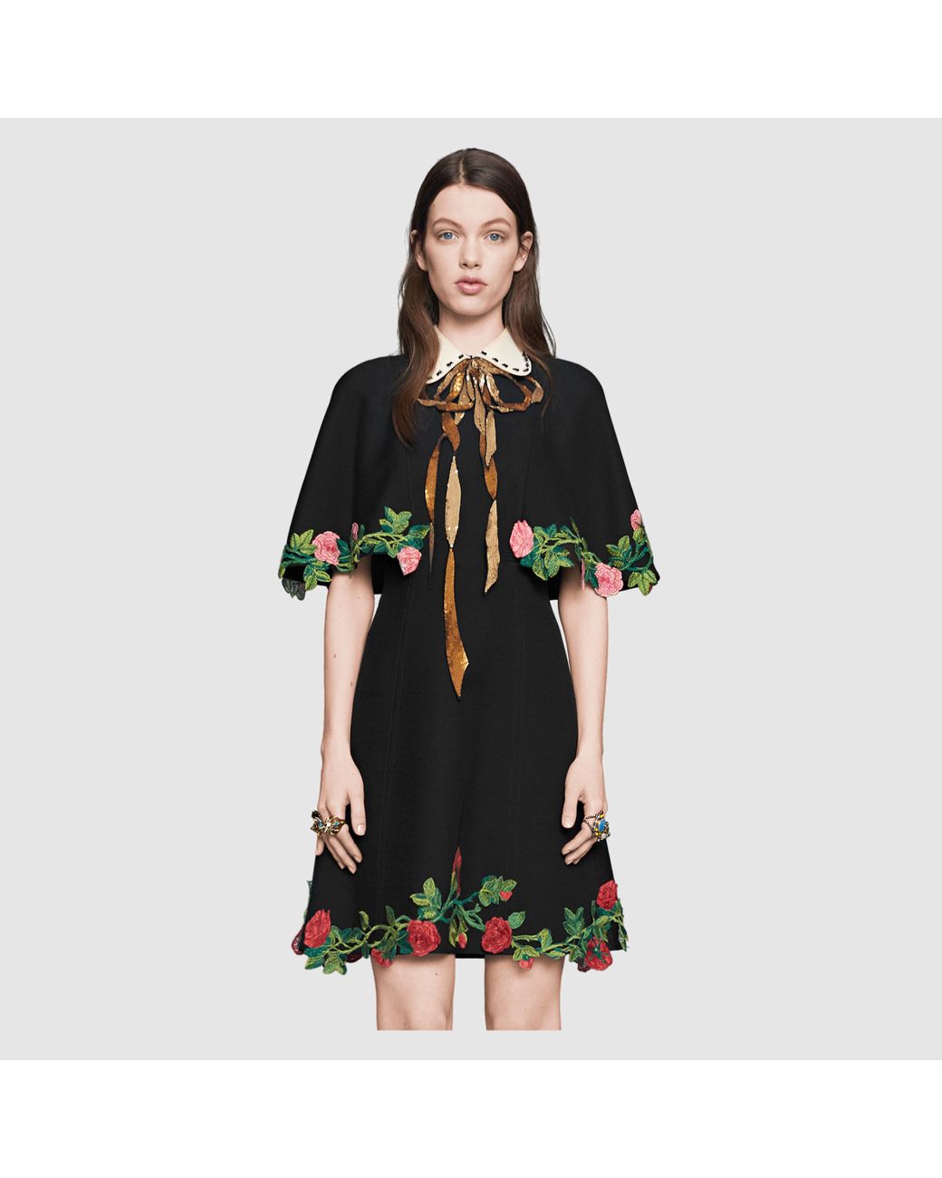 Gucci Embroidered Wool Silk Cape Dress in Black | Lyst