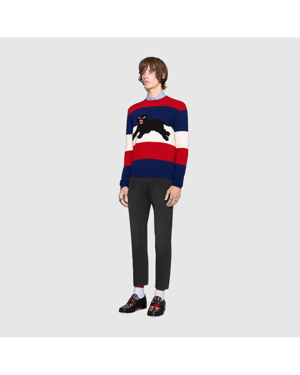 Gucci Wool Sweater With Jacquard Panther in Blue for Men | Lyst