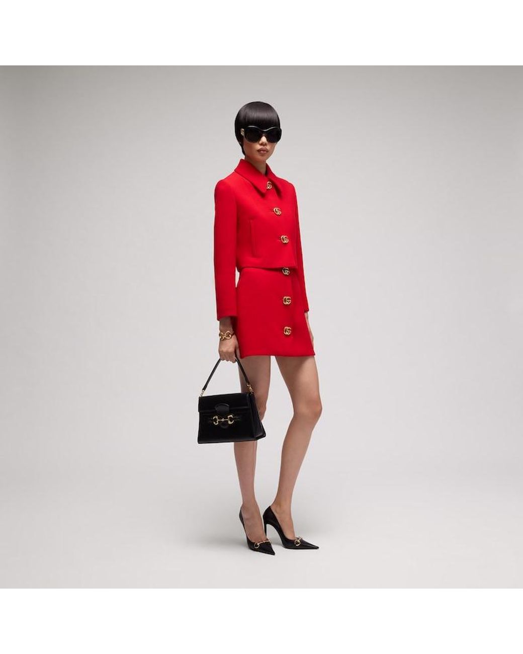 Gucci Red Crêpe Wool Skirt With Double G Button, Size 44 It, Ready-To-Wear