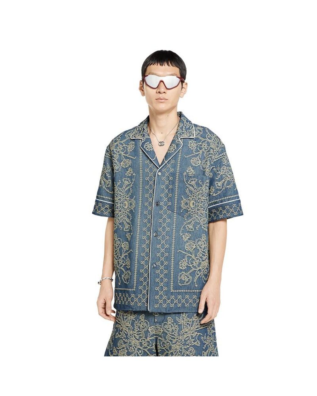 Gucci Gg Washed Denim Jacquard Shirt in Blue for Men | Lyst UK
