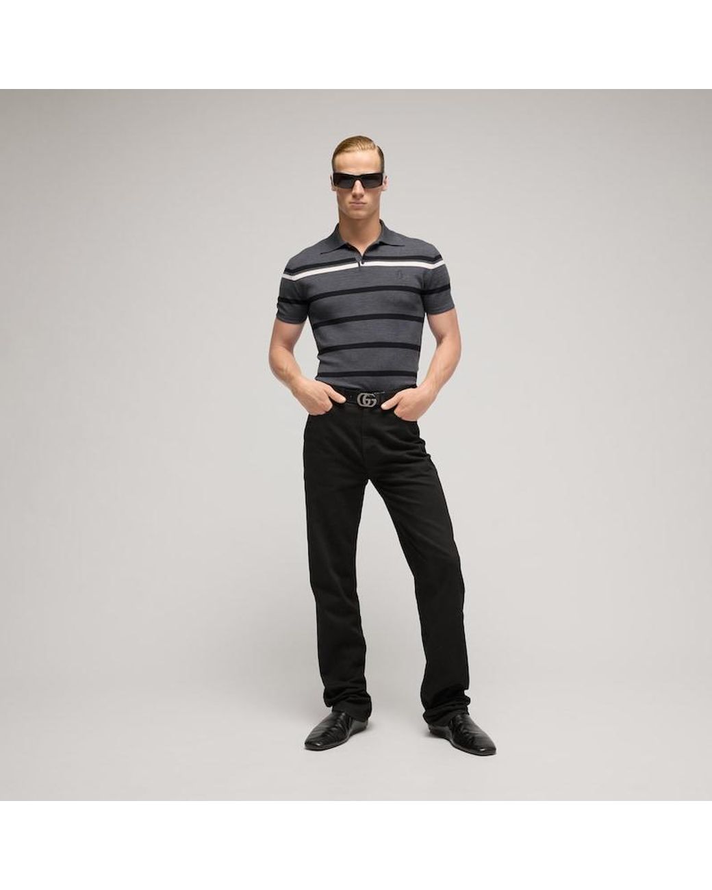 Gucci Black Striped Wool Polo Shirt With Embroidery for men