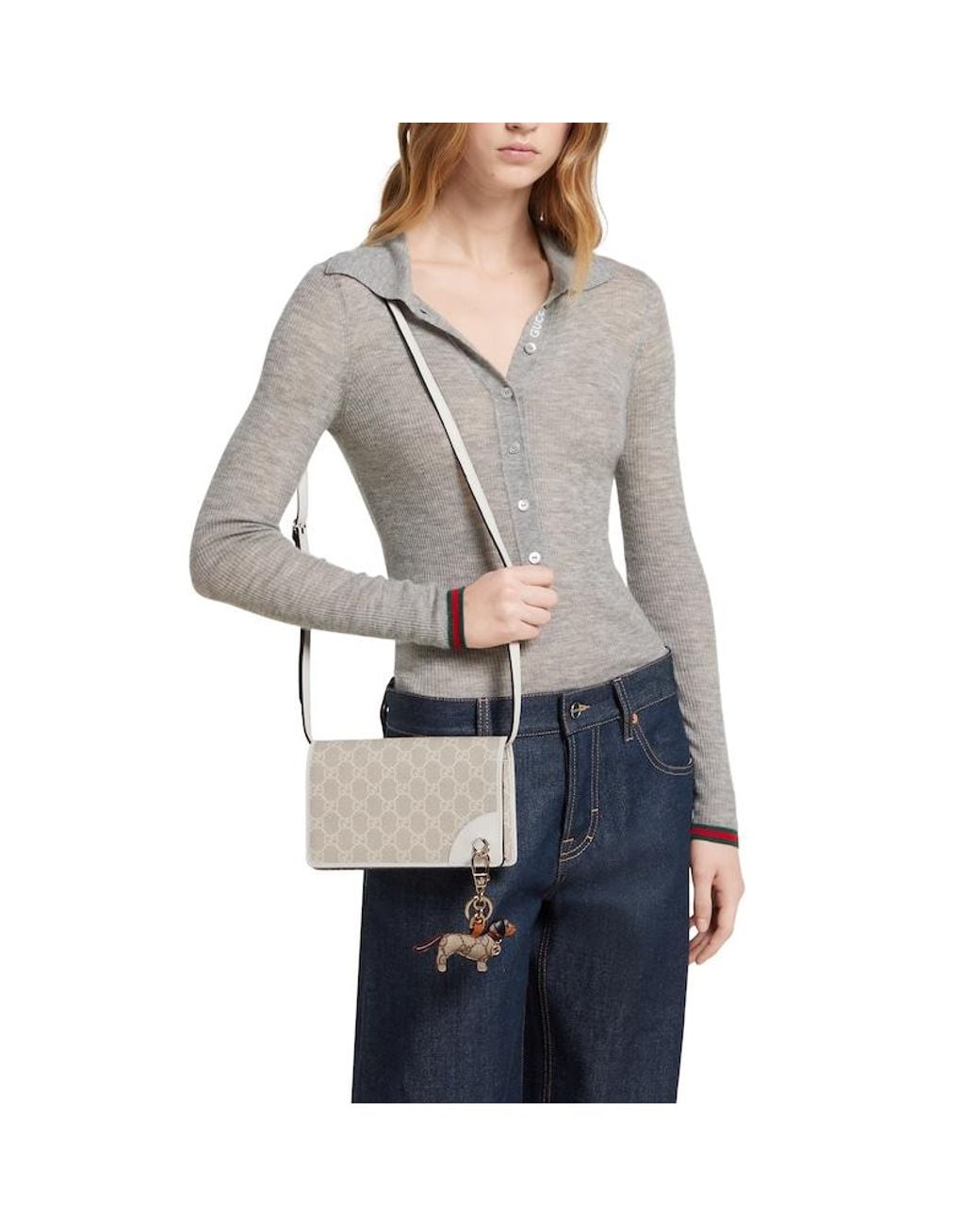 Gucci Natural Gg Emblem Wallet With Leather Strap, Gg Canvas