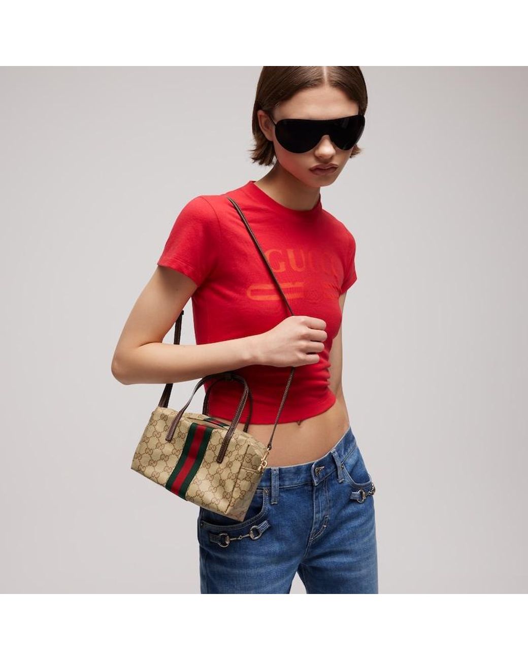 Gucci Metallic Mini Boston Bag With Web, Gg Canvas