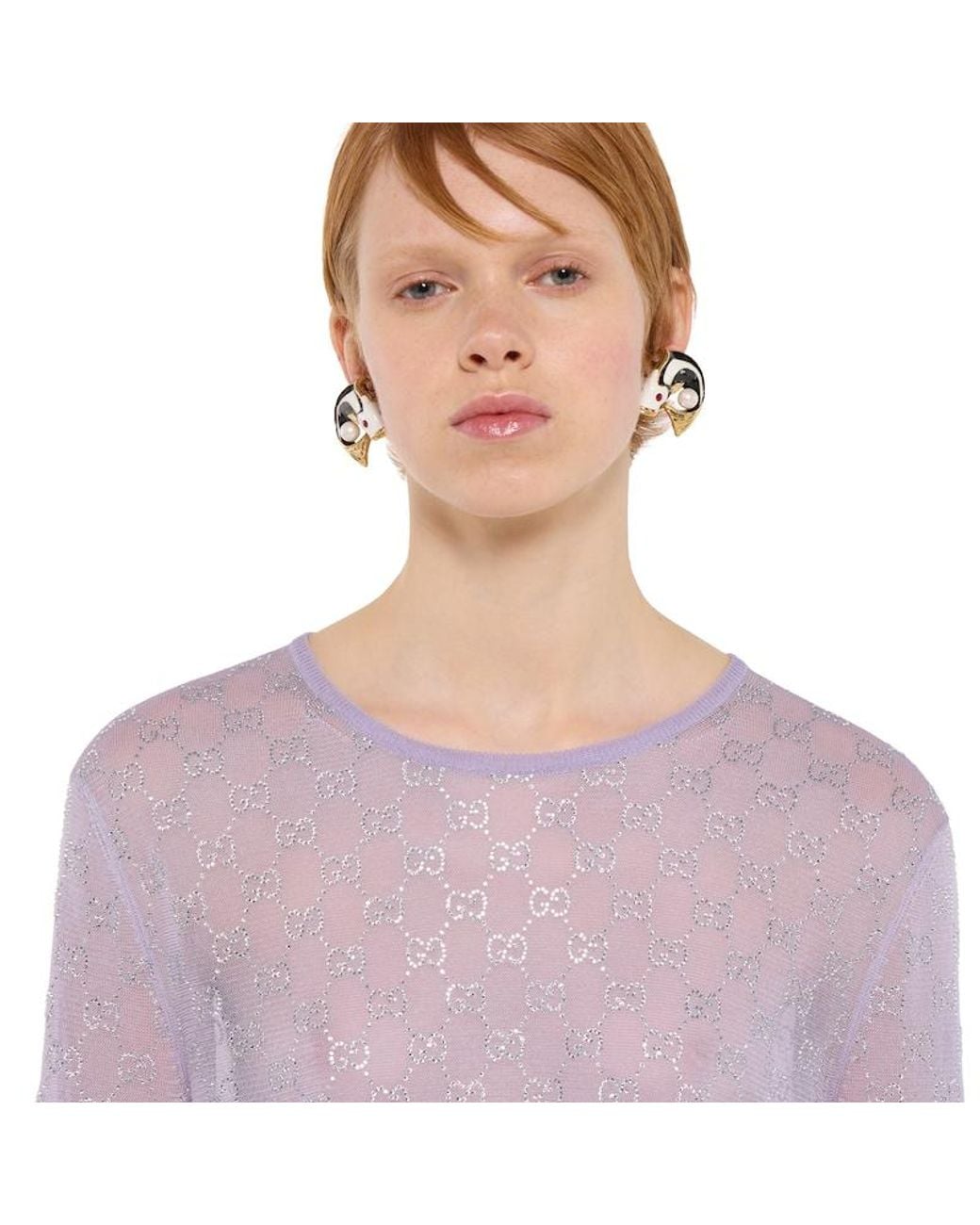 Gucci Purple Fine Silk T-Shirt With Gg Crystals