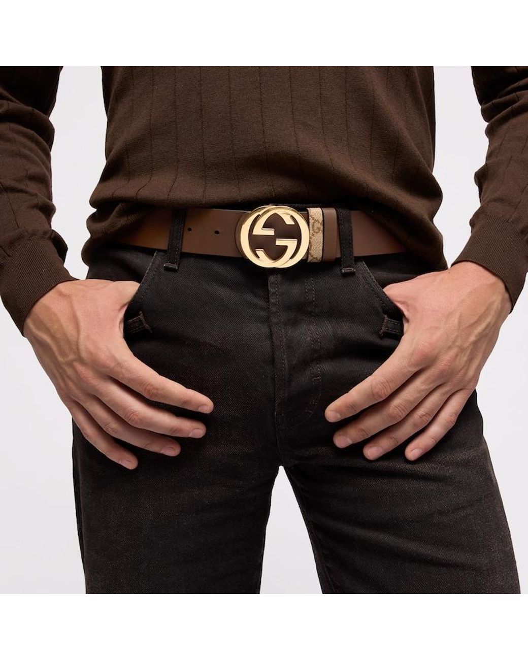 Gucci Brown Reversible Belt With Interlocking G Buckle, Size 100 for men