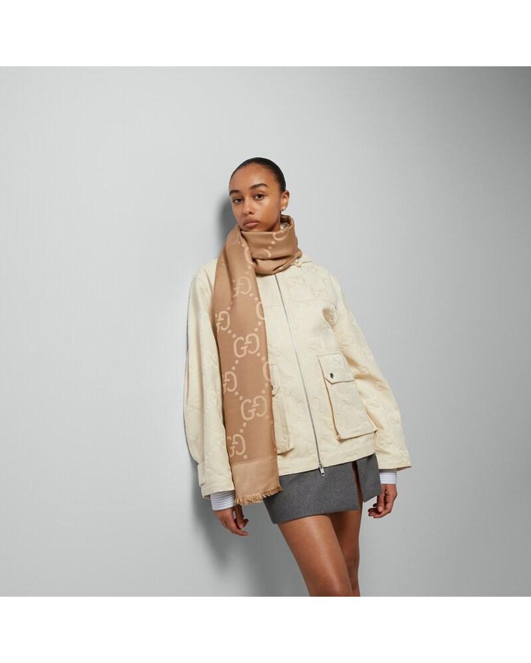 Gucci Natural Gg Jacquard Silk Wool Shawl