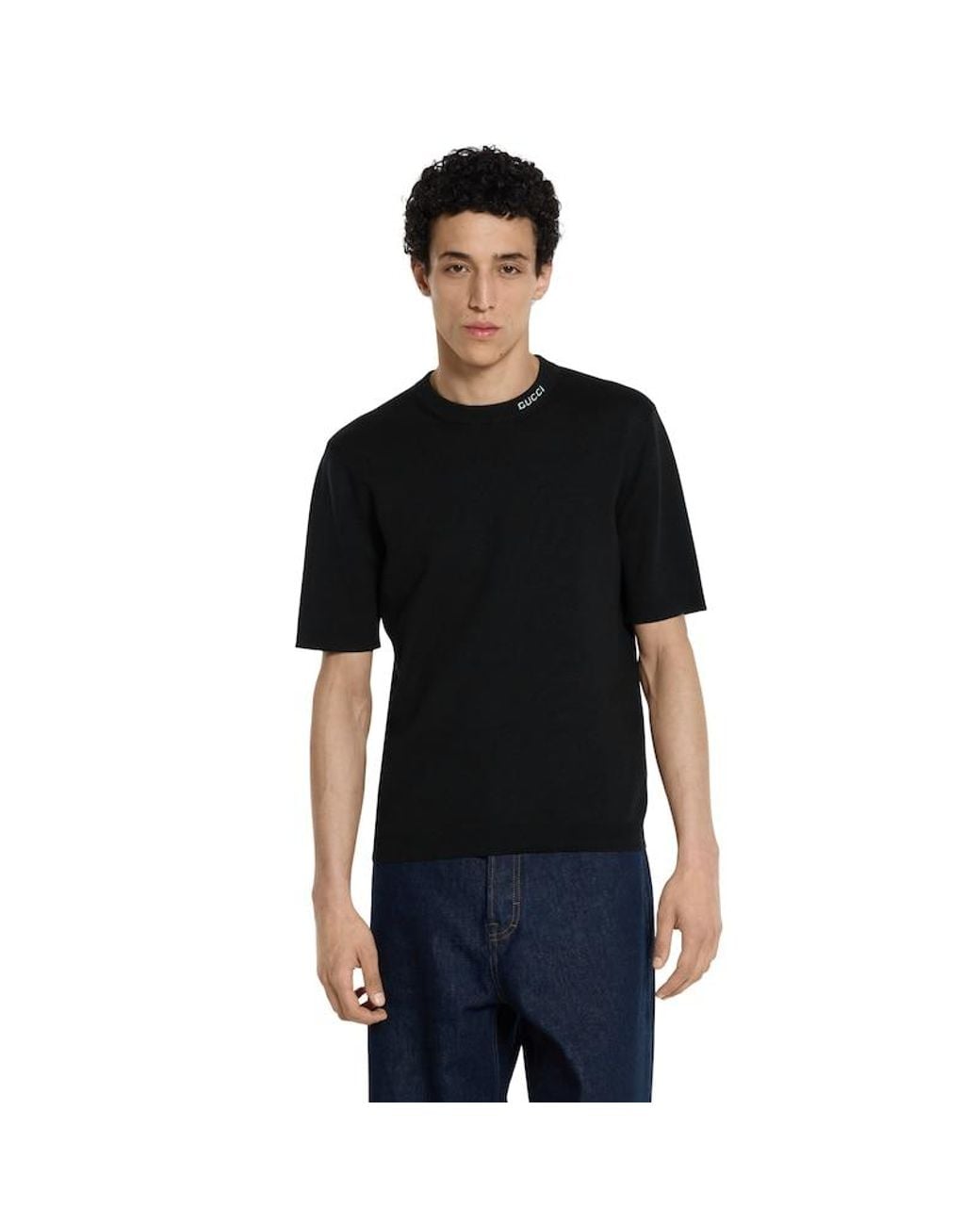 Gucci Black Silk Cotton T-Shirt With Intarsia for men