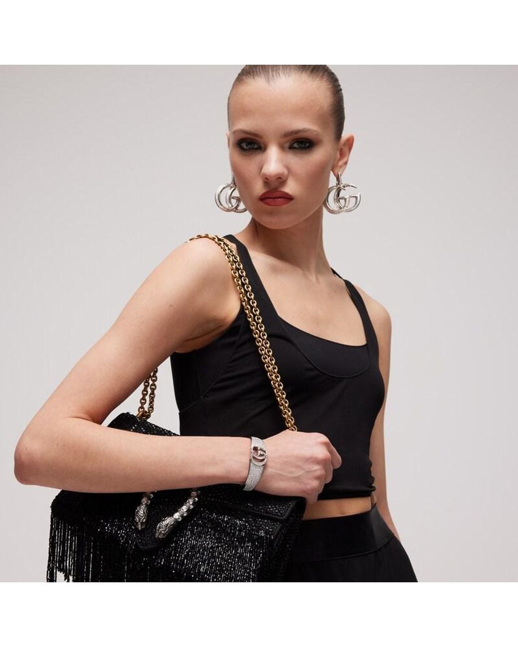 Gucci Metallic Gg Marmont Crystal Cuff Bracelet