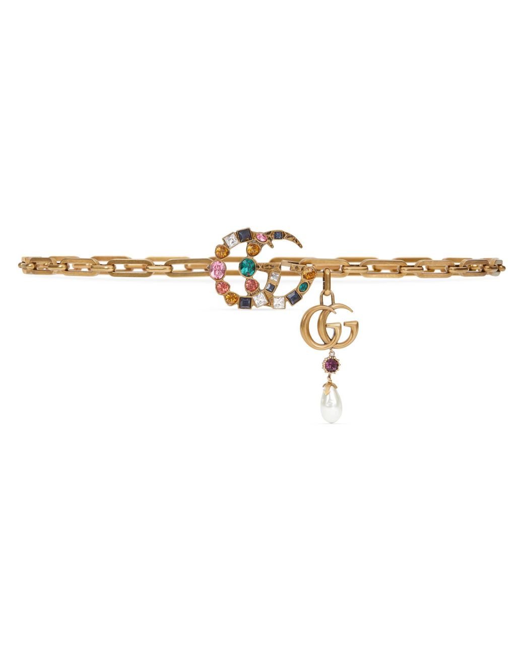 hulagirl 　GUCCI クリスタルダブルGブローチ　ピン Double G crystal flower brooch in antique gold-toned metal
