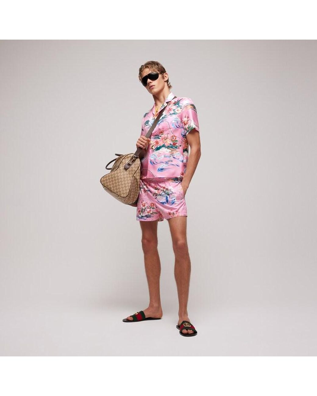 Gucci Pink Printed Polyester Poplin Swim Shorts for men