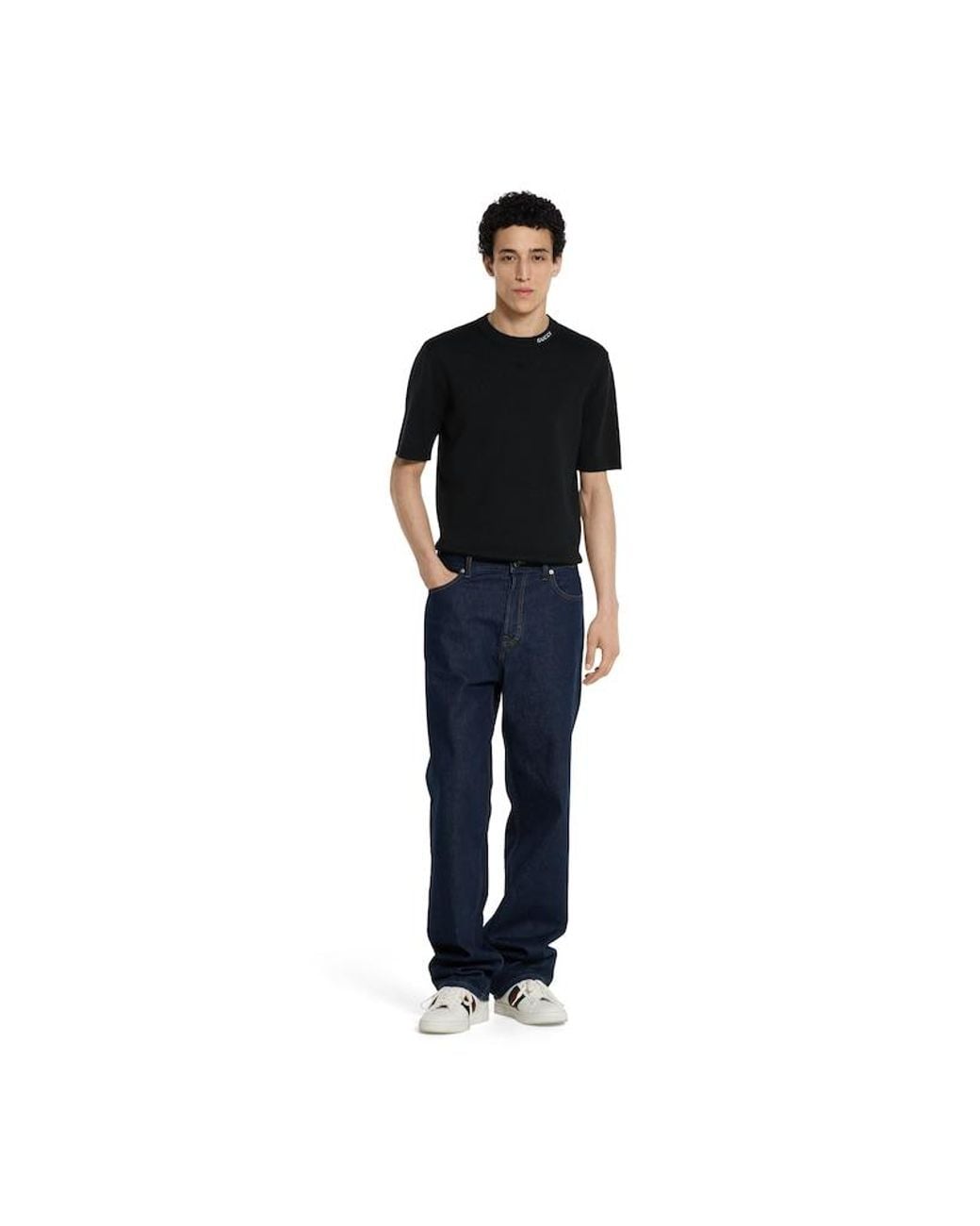 Gucci Black Silk Cotton T-Shirt With Intarsia for men