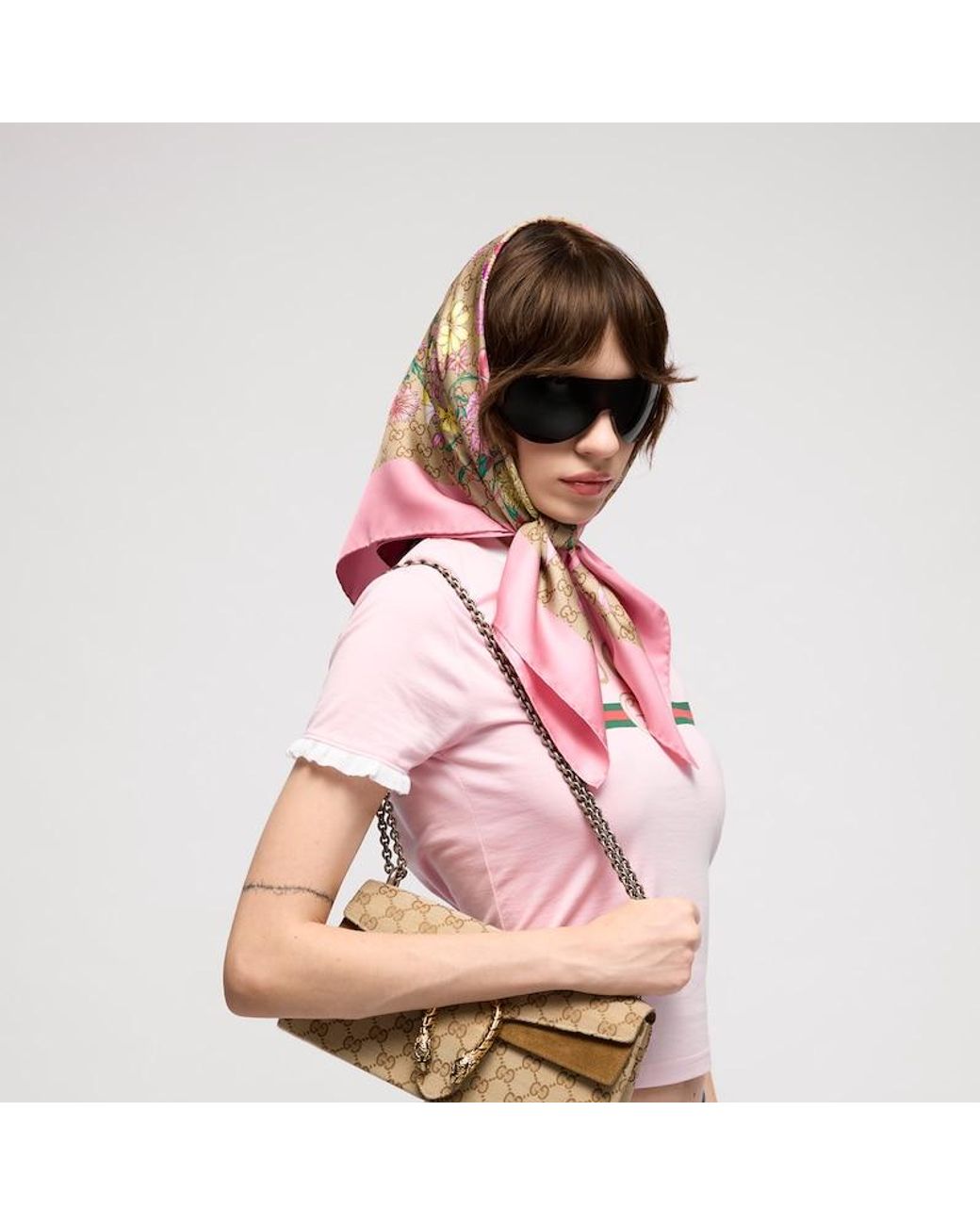 Gucci Pink Printed Gg Silk Twill Carré
