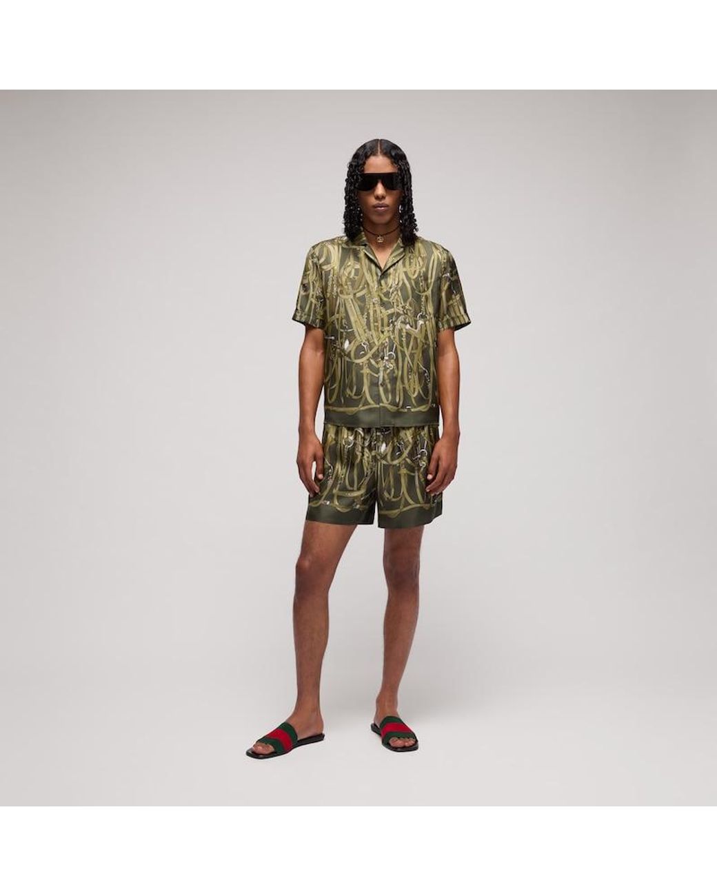 Gucci Green Printed Silk Twill Shorts for men