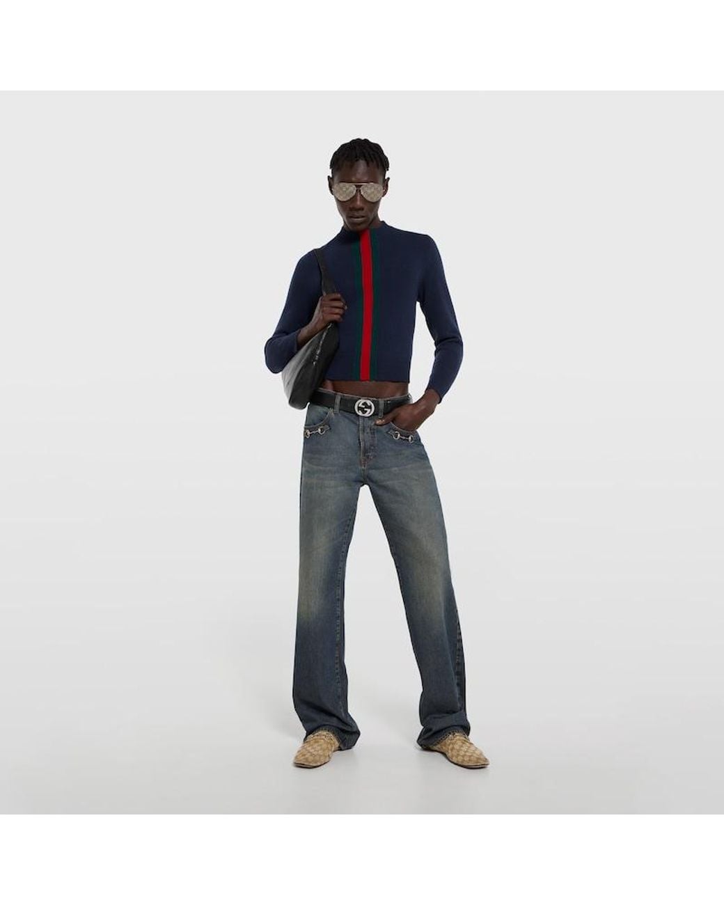Gucci Blue Fine Knit Wool Sweater With Web for men