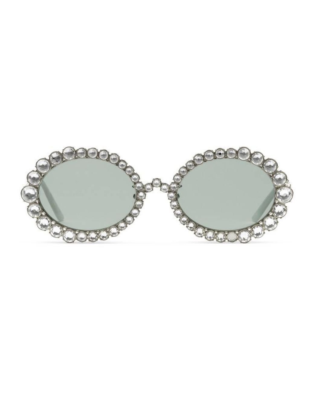 Gucci Oval Sunglasses With Crystals in White | Lyst