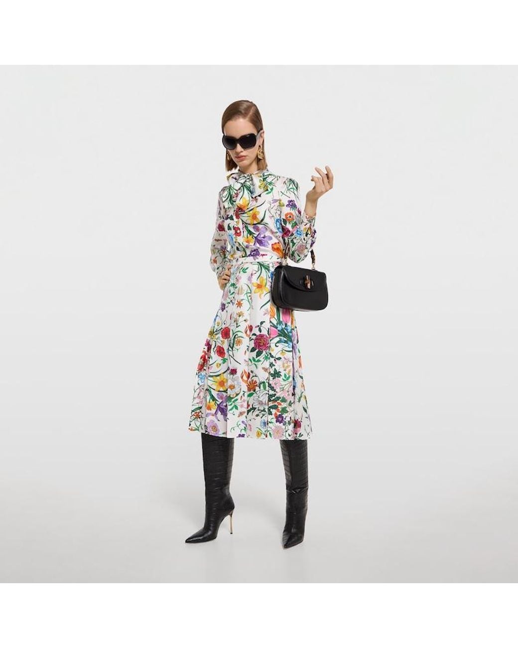 Gucci Green Printed Silk Twill Pleated Skirt
