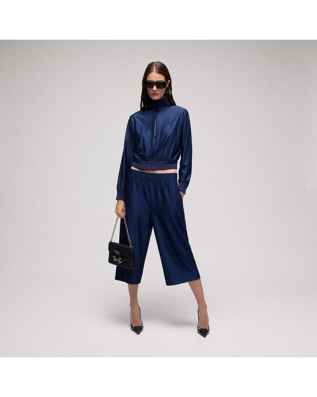 Gucci Blue Shiny Silk Jersey Zip Jacket With Embroidery