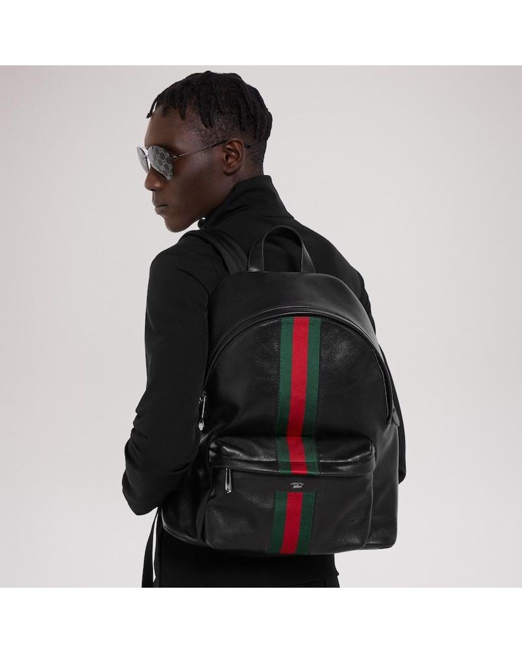 Gucci Black Web Trademark Leather Backpack for men