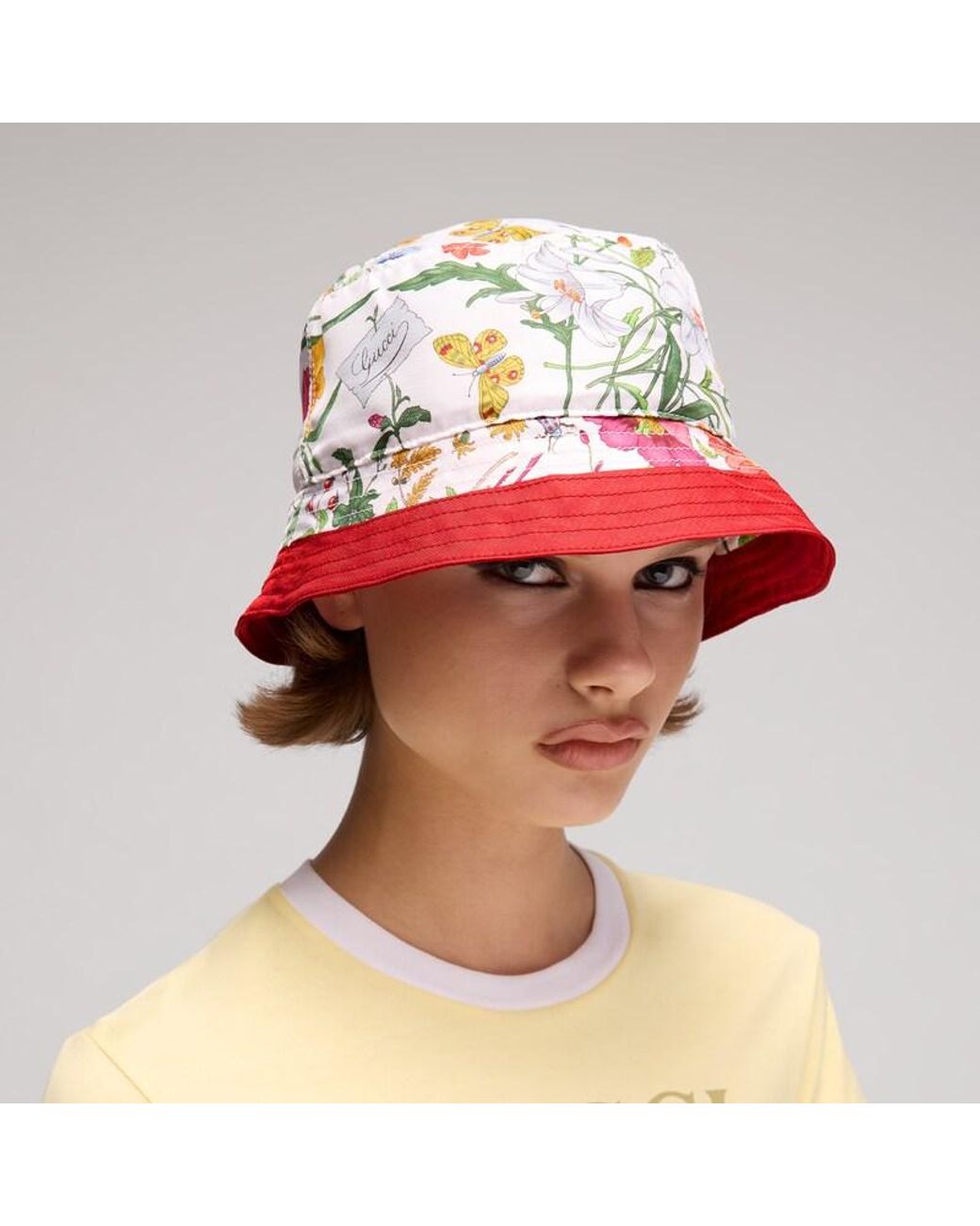 Gucci Red Printed Silk Twill Bucket Hat