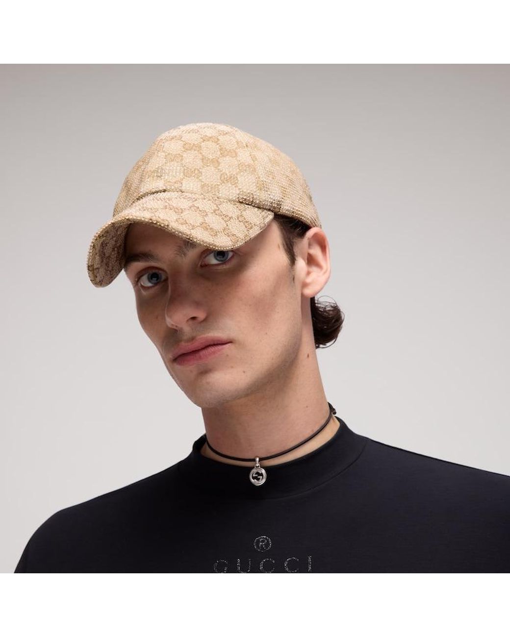 Gucci Natural Gg Canvas Baseball Hat With Crystals for men