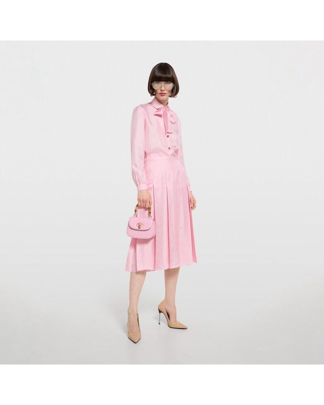 Gucci Pink Silk Twill Pleated Midi Skirt