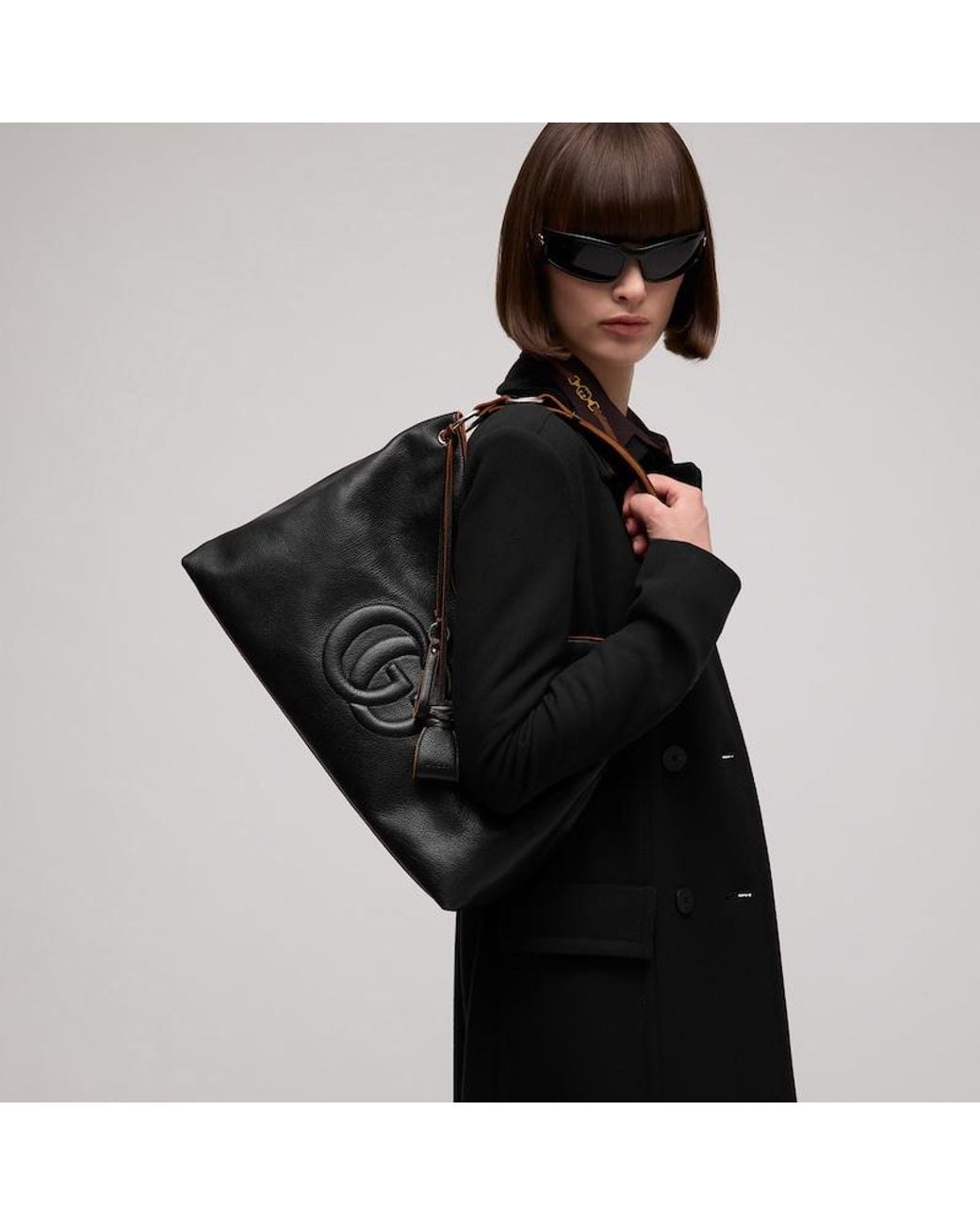 Gucci Black Large Shoulder Bag With Double G Detail