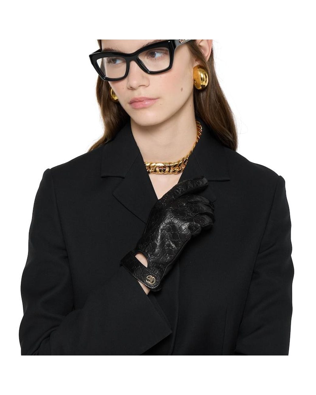 Gucci Black Gg Leather Gloves With Double G