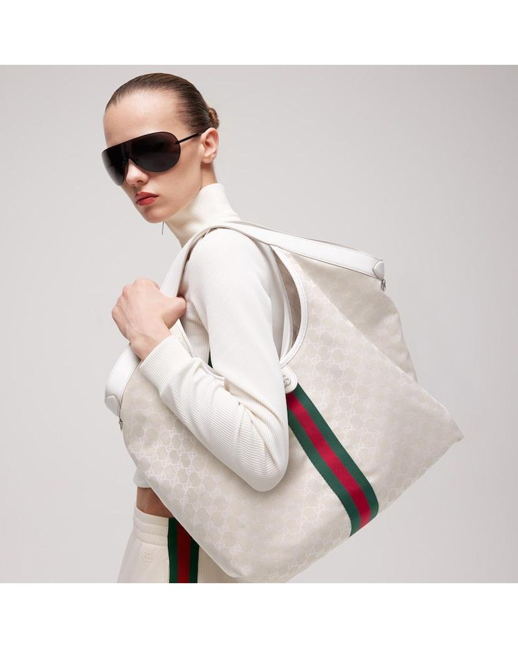 Gucci White Giglio Large Tote Bag, Gg Canvas