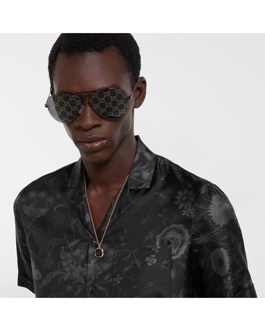 Gucci Black Printed Silk Twill Bowling Shirt for men