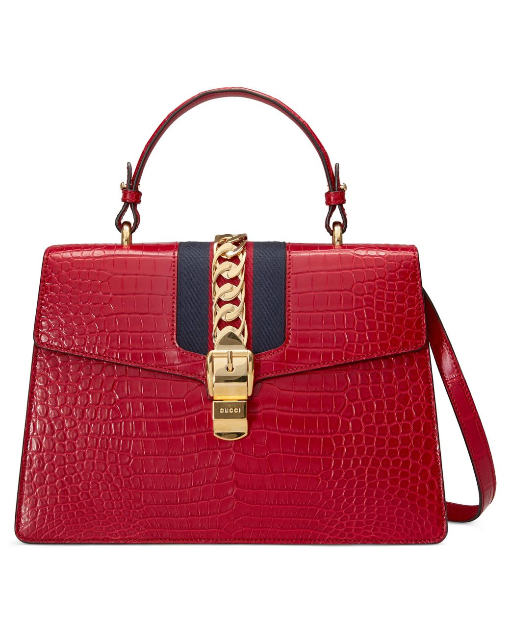 Gucci Sylvie Crocodile Top Handle Bag in Red | Lyst