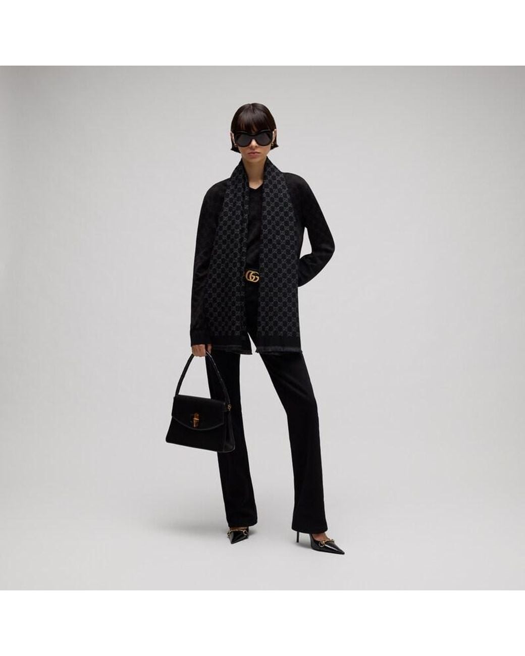 Gucci Black Gg Wool Viscose Lamé Scarf