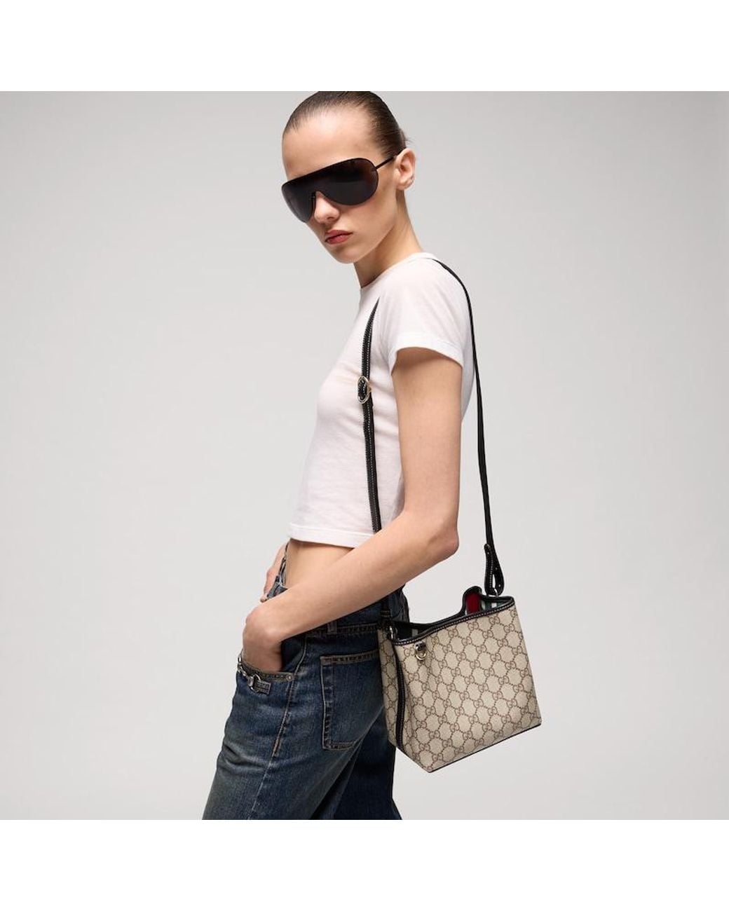 Gucci Brown Gg Emblem Small Bucket Bag, Gg Canvas