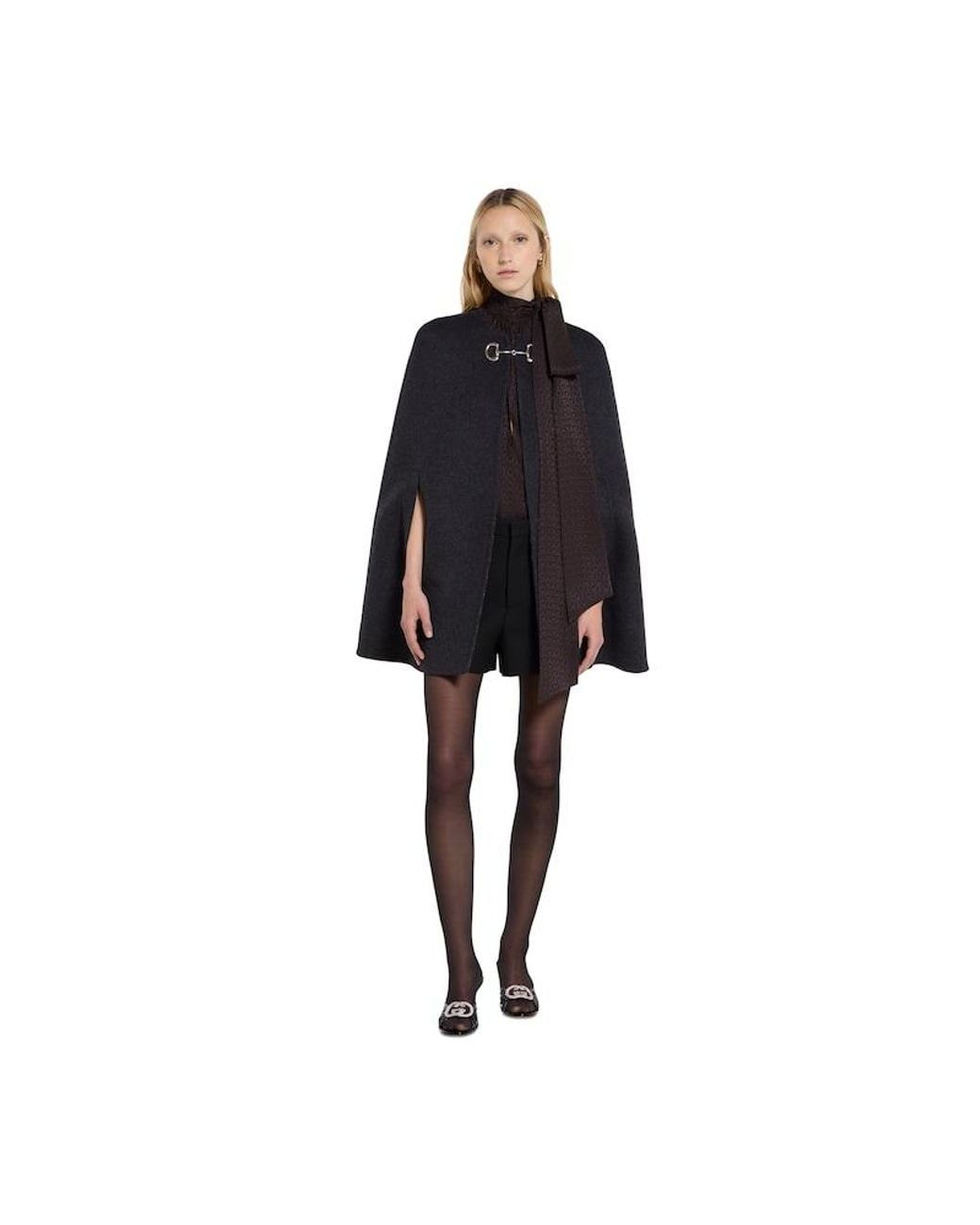 Gucci Black Silk Wool Cape With Horsebit